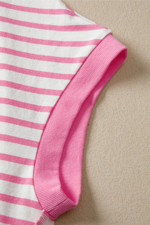 Striped Patchwork Half Placket High Low Short Sleeve Top