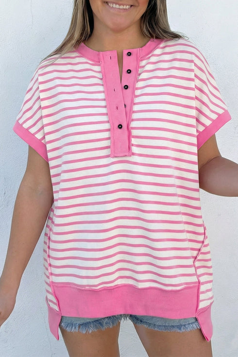 Striped Patchwork Half Placket High Low Short Sleeve Top