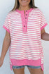 Striped Patchwork Half Placket High Low Short Sleeve Top
