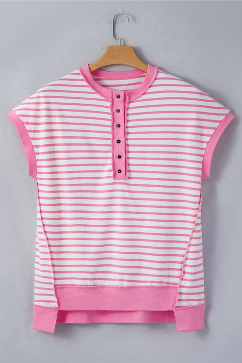 Striped Patchwork Half Placket High Low Short Sleeve Top