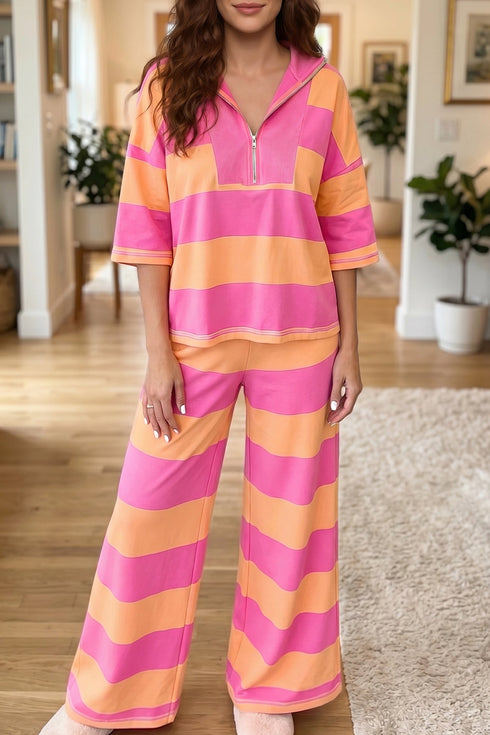 Striped Patchwork Half Sleeve Top Loose Wide Leg Pants Set