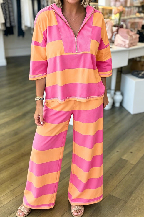 Striped Patchwork Half Sleeve Top Loose Wide Leg Pants Set