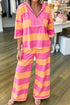 Striped Patchwork Half Sleeve Top Loose Wide Leg Pants Set