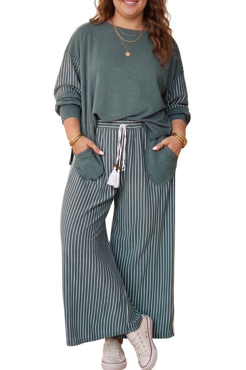Striped Patchwork Long Sleeve Cotton Rich Two Piece Loungewear