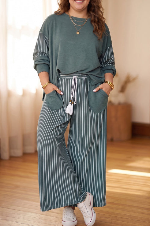 Striped Patchwork Long Sleeve Cotton Rich Two Piece Loungewear