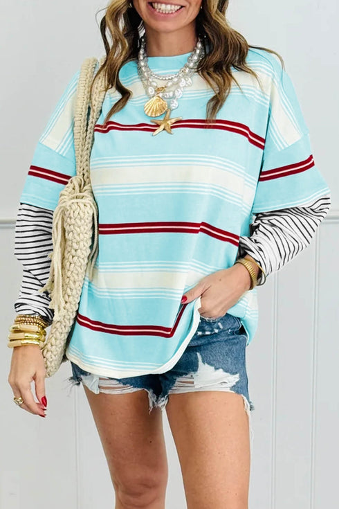 Striped Patchwork Loose Long Sleeve Pullover Top