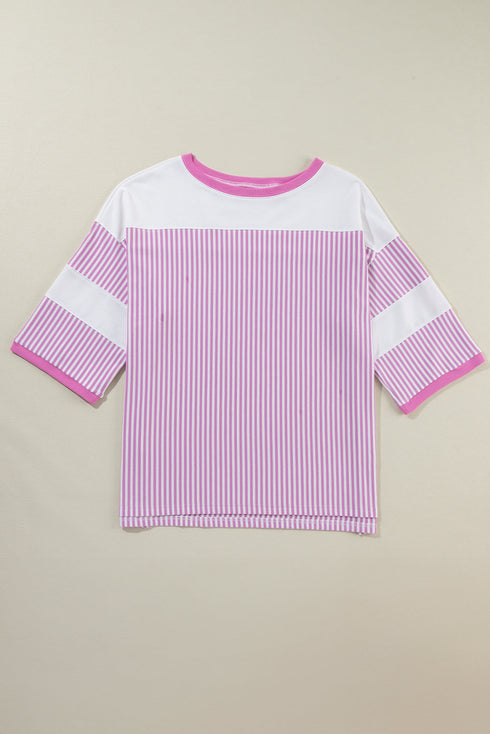 Striped Patchwork Mixed Print Bracelet Sleeve T Shirt