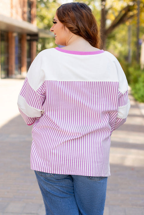 Striped Patchwork Mixed Print Bracelet Sleeve T Shirt