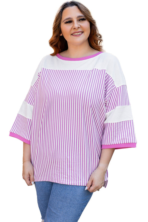 Striped Patchwork Mixed Print Bracelet Sleeve T Shirt