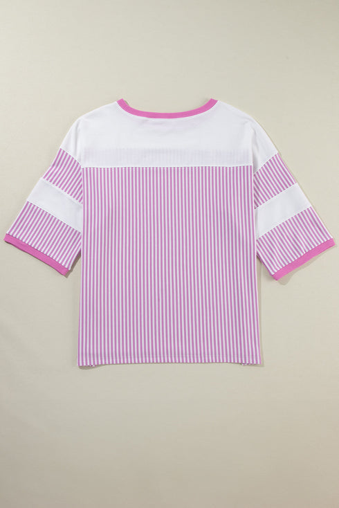 Striped Patchwork Mixed Print Bracelet Sleeve T Shirt