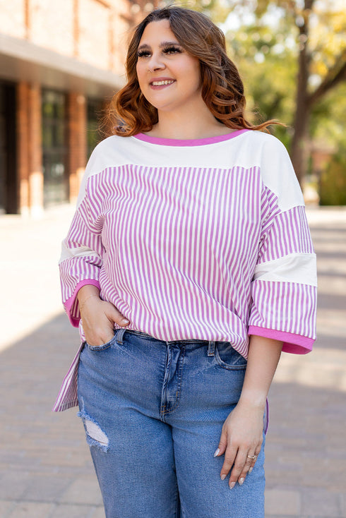 Striped Patchwork Mixed Print Bracelet Sleeve T Shirt