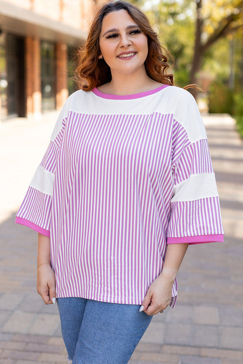 Striped Patchwork Mixed Print Bracelet Sleeve T Shirt