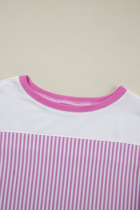 Striped Patchwork Mixed Print Bracelet Sleeve T Shirt
