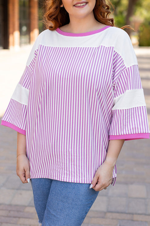 Striped Patchwork Mixed Print Bracelet Sleeve T Shirt