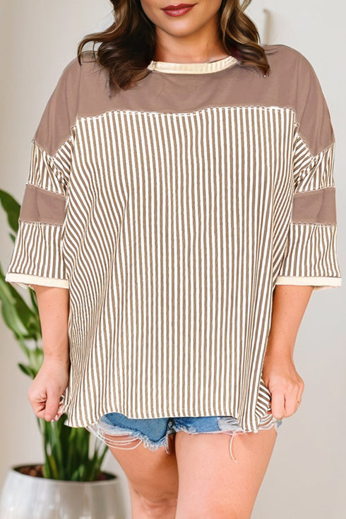 Striped Patchwork Mixed Print Bracelet Sleeve T Shirt