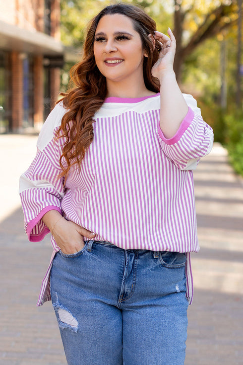 Striped Patchwork Mixed Print Bracelet Sleeve T Shirt