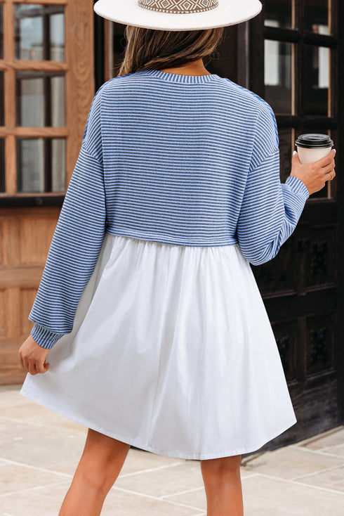 Striped Patchwork Pleated High Waist Loose Mini Dress