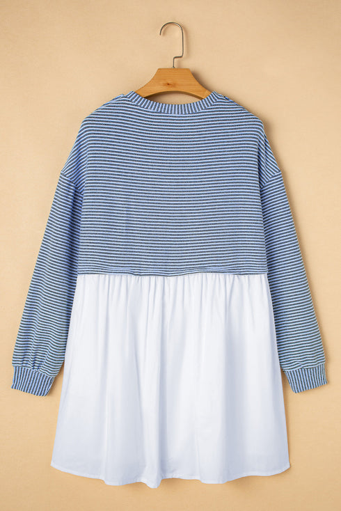 Striped Patchwork Pleated High Waist Loose Mini Dress