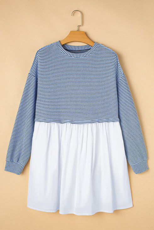 Striped Patchwork Pleated High Waist Loose Mini Dress