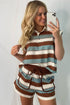 Striped Patchwork Polo Collar Drawstring Elastic Waist Short Set