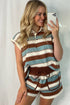Striped Patchwork Polo Collar Drawstring Elastic Waist Short Set