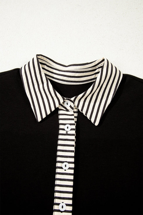 Striped Patchwork Polo Collar Tie Front Shift Mini Dress