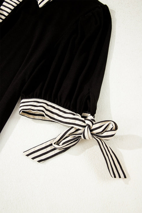 Striped Patchwork Polo Collar Tie Front Shift Mini Dress