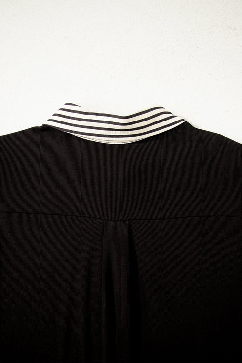 Striped Patchwork Polo Collar Tie Front Shift Mini Dress