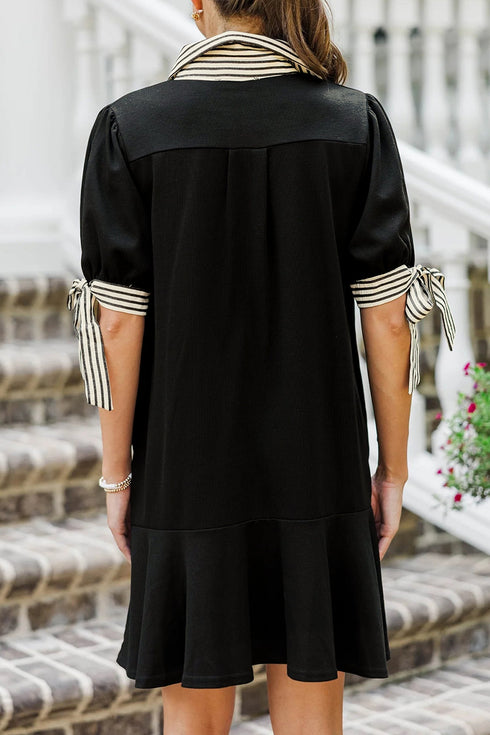 Striped Patchwork Polo Collar Tie Front Shift Mini Dress