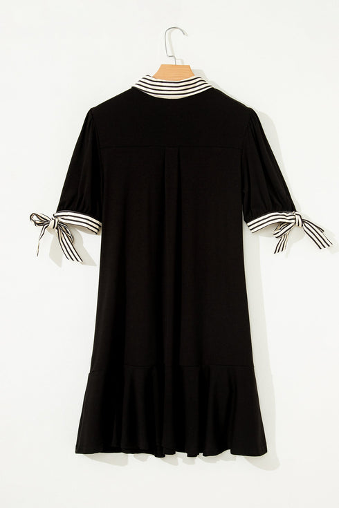 Striped Patchwork Polo Collar Tie Front Shift Mini Dress