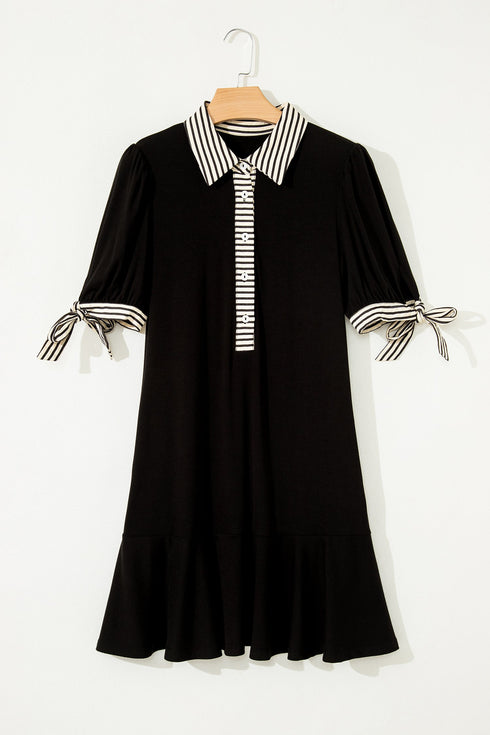 Striped Patchwork Polo Collar Tie Front Shift Mini Dress