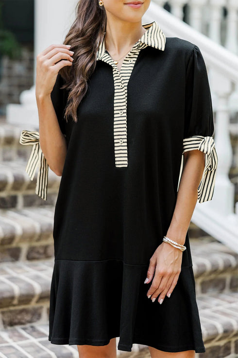 Striped Patchwork Polo Collar Tie Front Shift Mini Dress