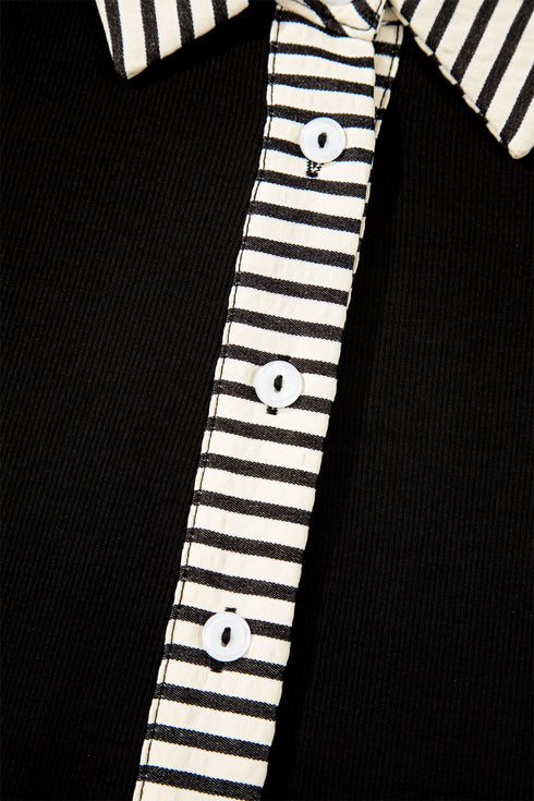 Striped Patchwork Polo Collar Tie Front Shift Mini Dress