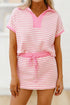 Striped Patchwork Polo Shirt And Drawstring Skort Matching Set