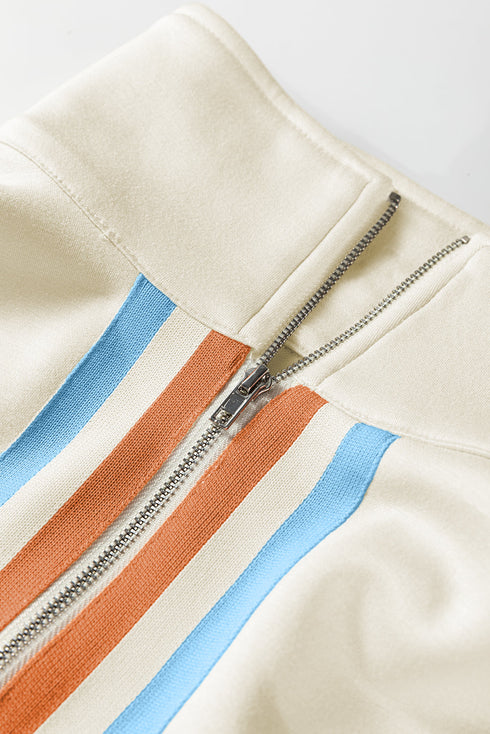 Striped Patchwork Quarter Zip Wide Leg Pant Set