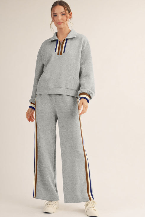Striped Patchwork Quarter Zip Wide Leg Pant Set
