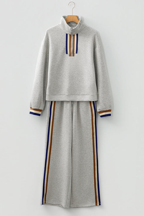 Striped Patchwork Quarter Zip Wide Leg Pant Set