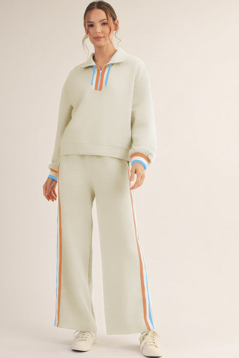 Striped Patchwork Quarter Zip Wide Leg Pant Set