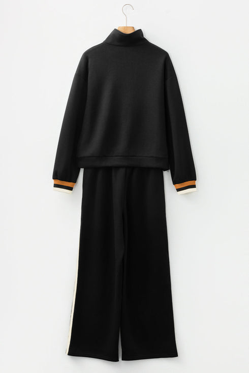 Striped Patchwork Quarter Zip Wide Leg Pant Set
