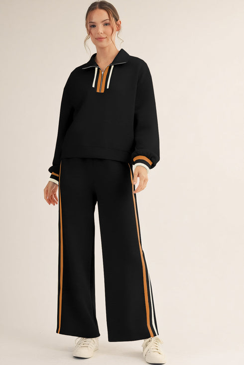 Striped Patchwork Quarter Zip Wide Leg Pant Set