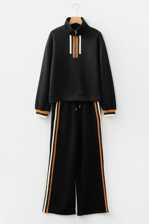 Striped Patchwork Quarter Zip Wide Leg Pant Set