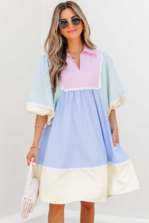 Striped Patchwork Ric Rac Puff Sleeve Collared Mini Dress
