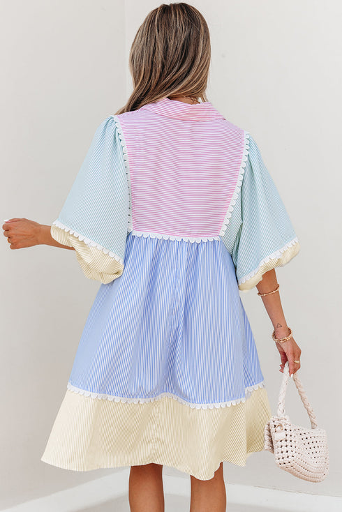 Striped Patchwork Ric Rac Puff Sleeve Collared Mini Dress