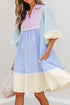 Striped Patchwork Ric Rac Puff Sleeve Collared Mini Dress