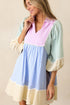 Striped Patchwork Ric Rac Puff Sleeve Collared Mini Dress
