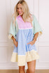 Striped Patchwork Ric Rac Puff Sleeve Collared Mini Dress