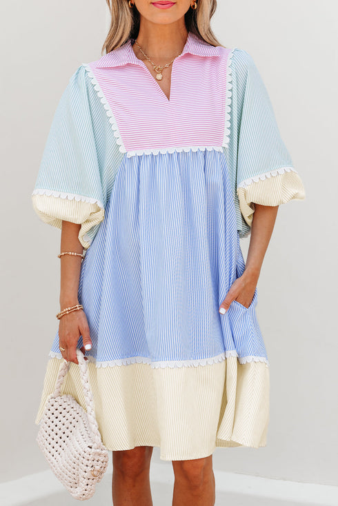 Striped Patchwork Ric Rac Puff Sleeve Collared Mini Dress