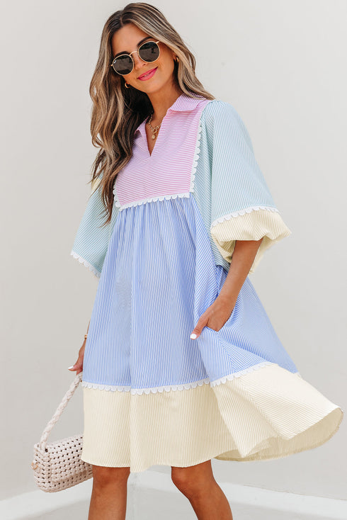 Striped Patchwork Ric Rac Puff Sleeve Collared Mini Dress