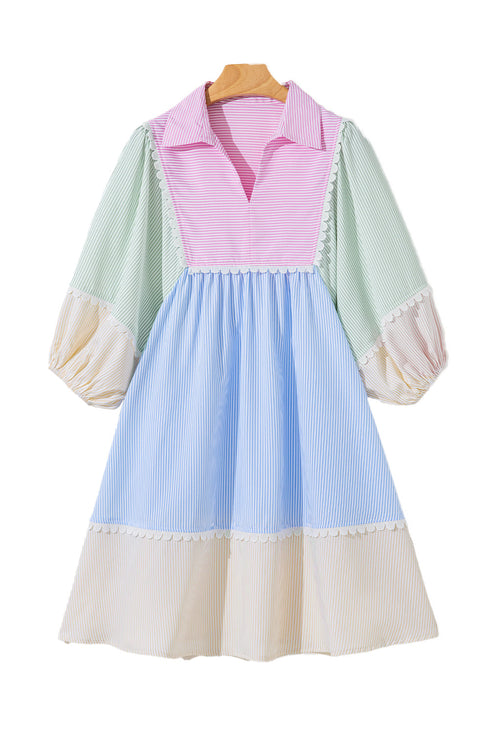 Striped Patchwork Ric Rac Puff Sleeve Collared Mini Dress