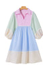 Striped Patchwork Ric Rac Puff Sleeve Collared Mini Dress